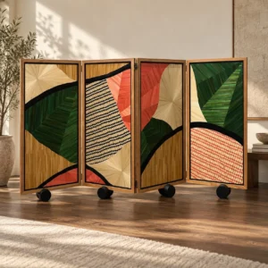 Handmade Straw Marquetry Colour-Block Screen on Castors in olive — front view
