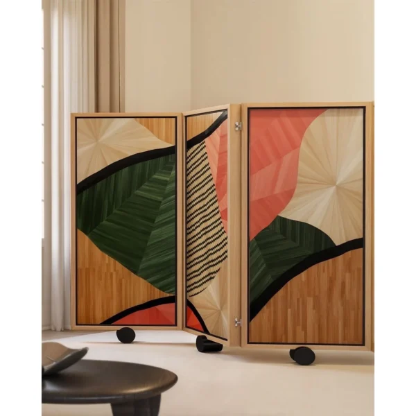 Handmade Straw Marquetry Colour-Block Screen on Castors in olive — in a room setting
