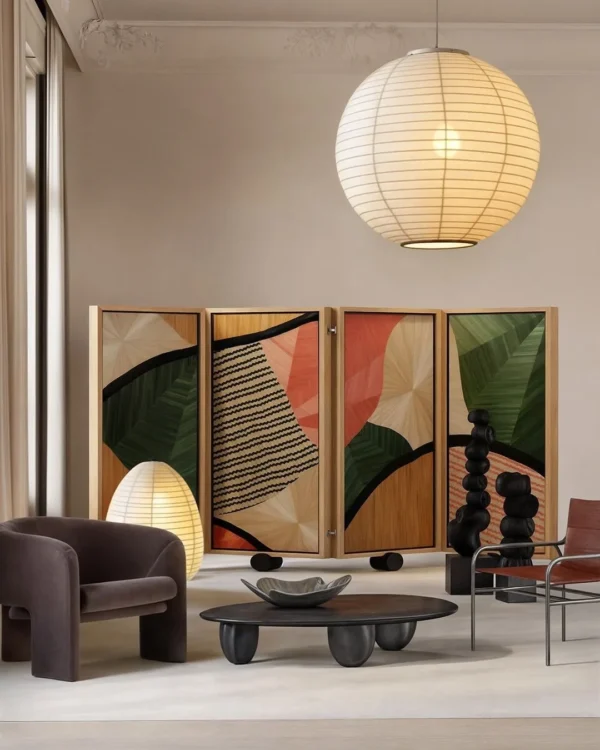 Handmade Straw Marquetry Colour-Block Screen on Castors in olive — in a room setting