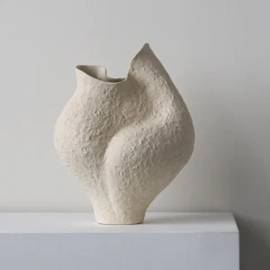 Hand-Built Textured Ceramic Sculpture Vase in Sand White — front view