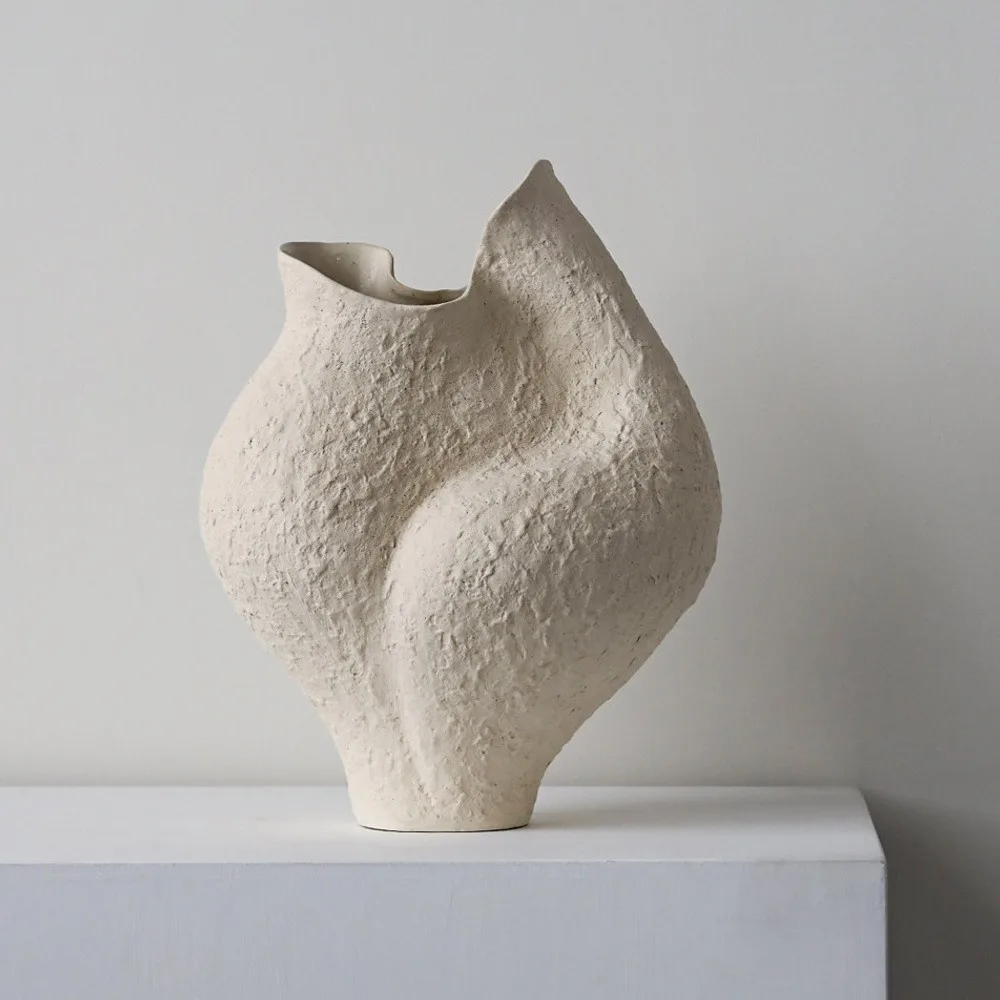 Hand-Built Textured Ceramic Sculpture Vase in Sand White — front view