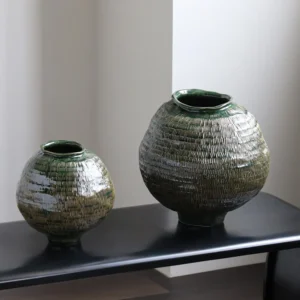 Designer Textured Round-Belly Vases in olive — front view