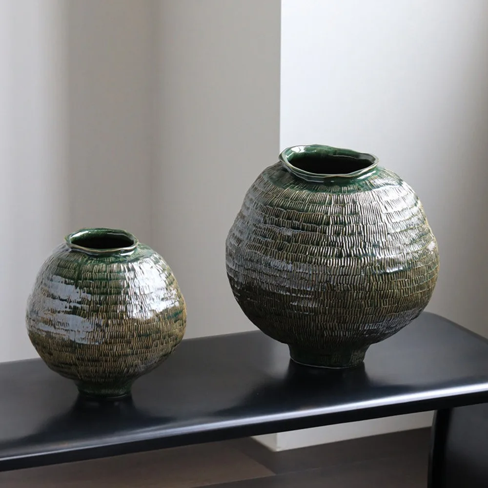 Designer Textured Round-Belly Vases in olive — front view