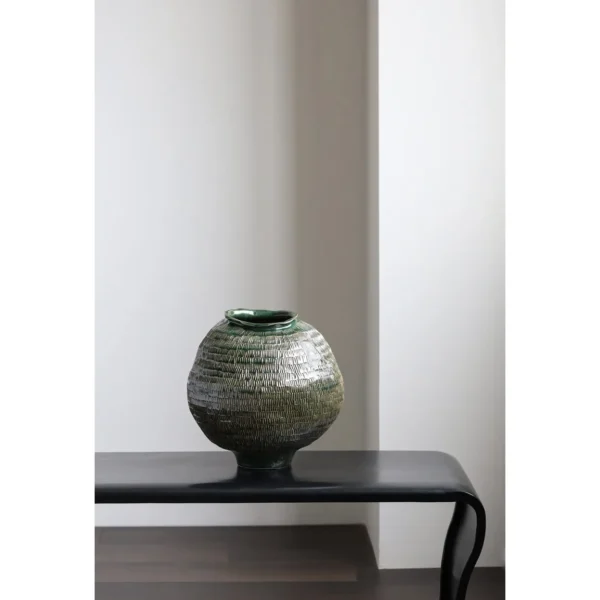 Designer Textured Round-Belly Vases in olive — in a room setting