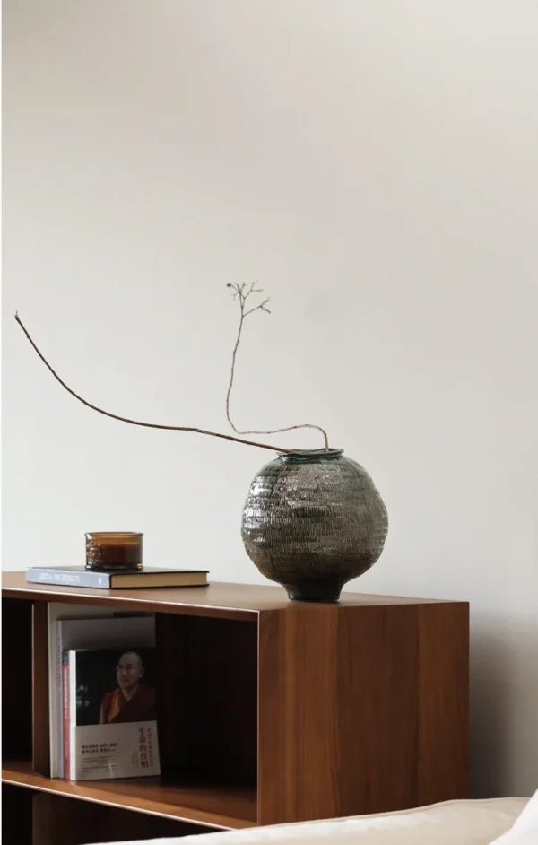 Designer Textured Round-Belly Vases in olive — in a room setting