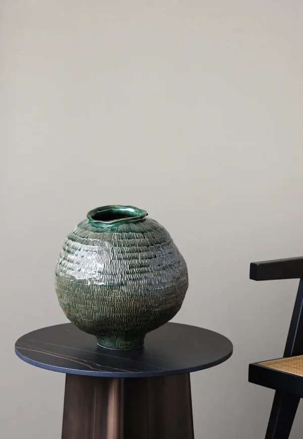 Designer Textured Round-Belly Vases in olive — in a room setting