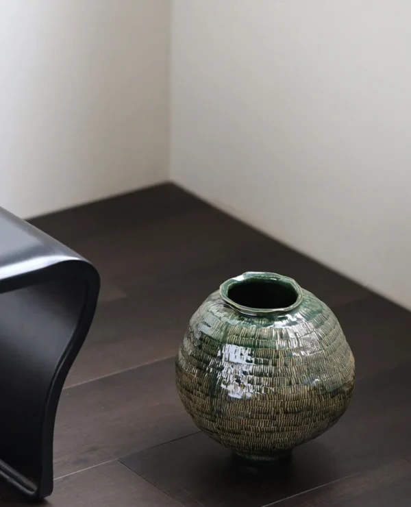 Designer Textured Round-Belly Vases in olive — in a room setting