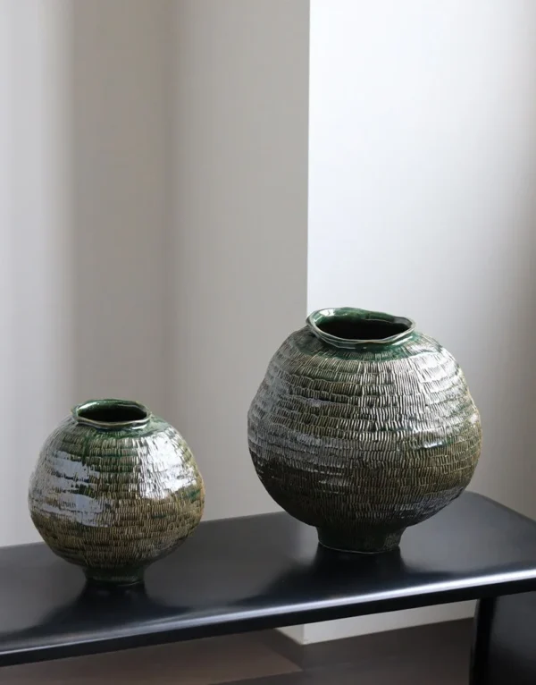 Designer Textured Round-Belly Vases in olive — in a room setting