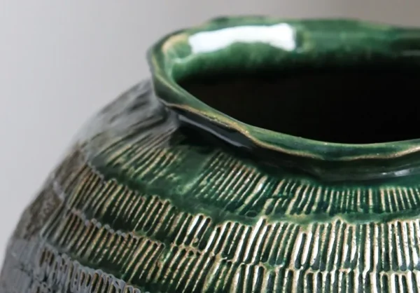 Designer Textured Round-Belly Vases in olive — in a room setting