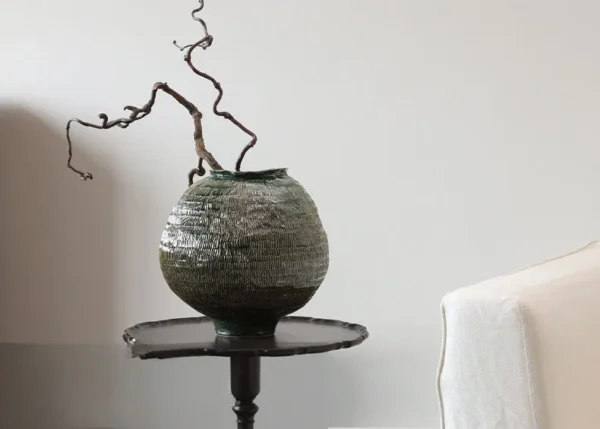 Designer Textured Round-Belly Vases in olive — in a room setting