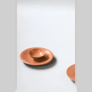 Hand-Thrown Peach Mist Ceramic Plates and Bowl in rose stone — in a room setting