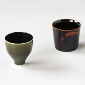 Hand-Made Underglaze Sake and Tea Cups with Saucer in olive — front view