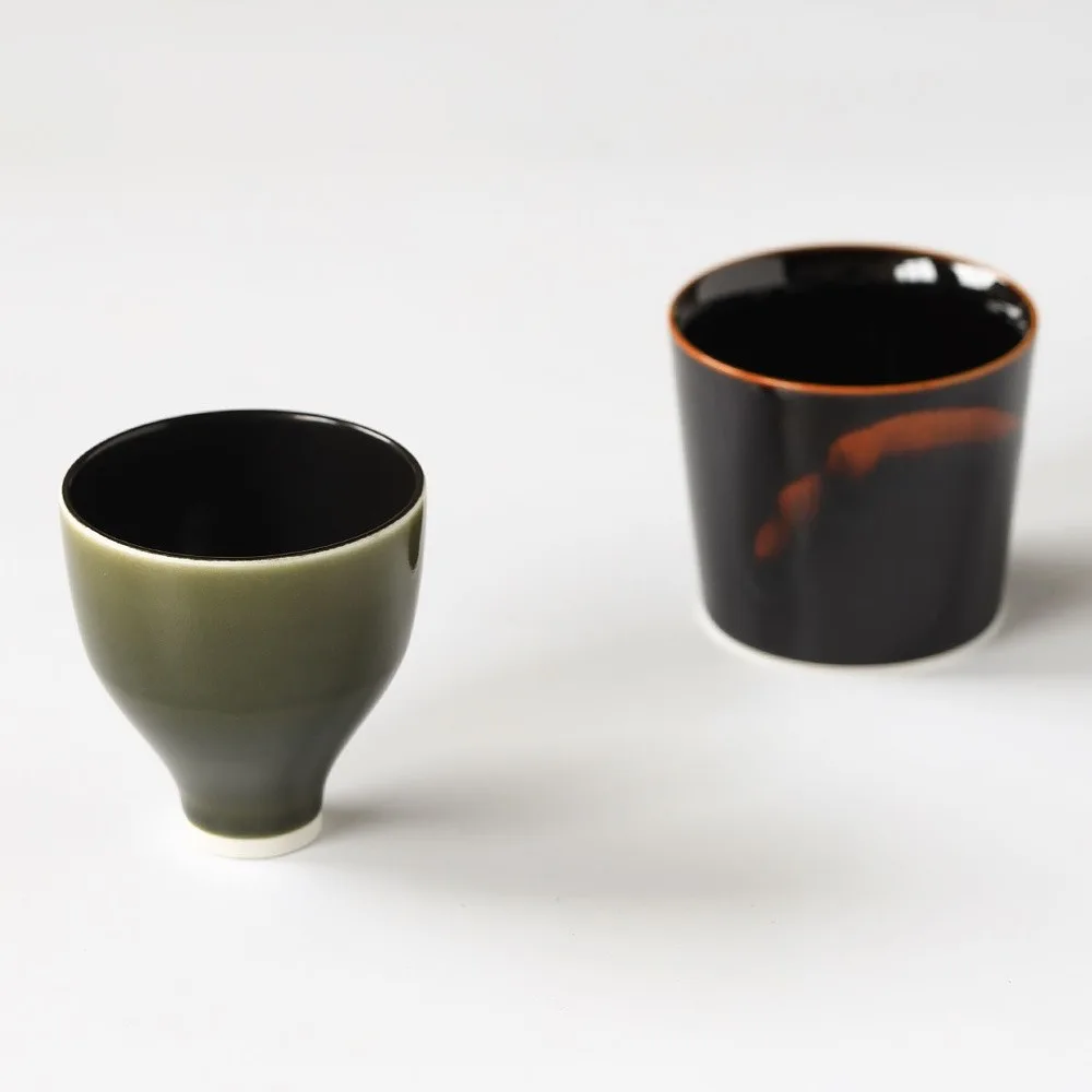 Hand-Made Underglaze Sake and Tea Cups with Saucer in olive — front view