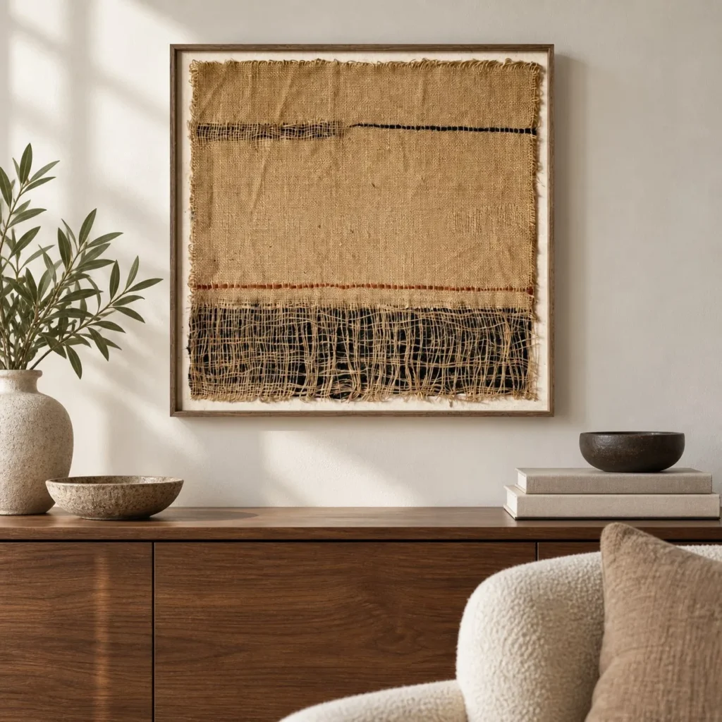 Handwoven Jute Textile Wall Art in Natural and Indigo — front view