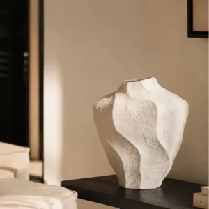 Designer Hand-Made Wave-Surface Ceramic Vase, Short or Tall in oatmeal — front view