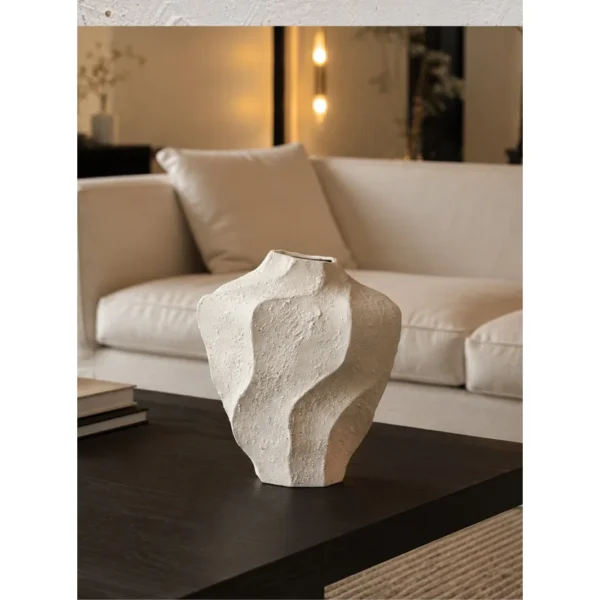Designer Hand-Made Wave-Surface Ceramic Vase, Short or Tall in oatmeal — in a room setting