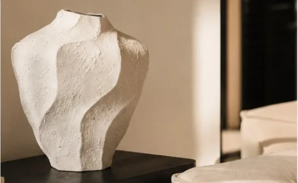 Designer Hand-Made Wave-Surface Ceramic Vase, Short or Tall in oatmeal — in a room setting