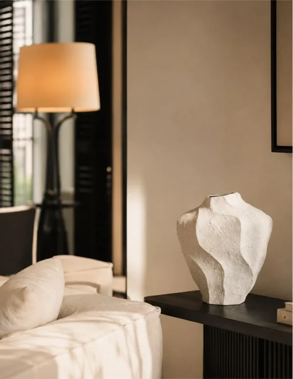 Designer Hand-Made Wave-Surface Ceramic Vase, Short or Tall in oatmeal — in a room setting