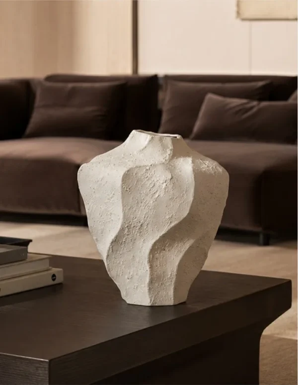 Designer Hand-Made Wave-Surface Ceramic Vase, Short or Tall in oatmeal — in a room setting