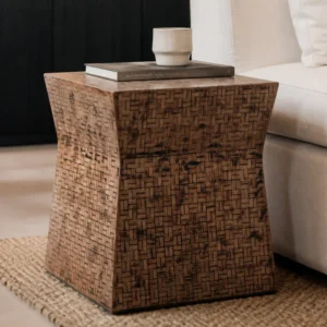 Hand-Woven Bamboo Waisted Cube Side Table in clay — front view