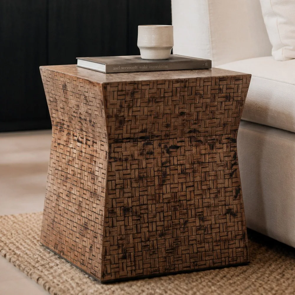Hand-Woven Bamboo Waisted Cube Side Table in clay — front view