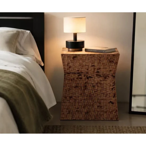 Hand-Woven Bamboo Waisted Cube Side Table in clay — in a room setting