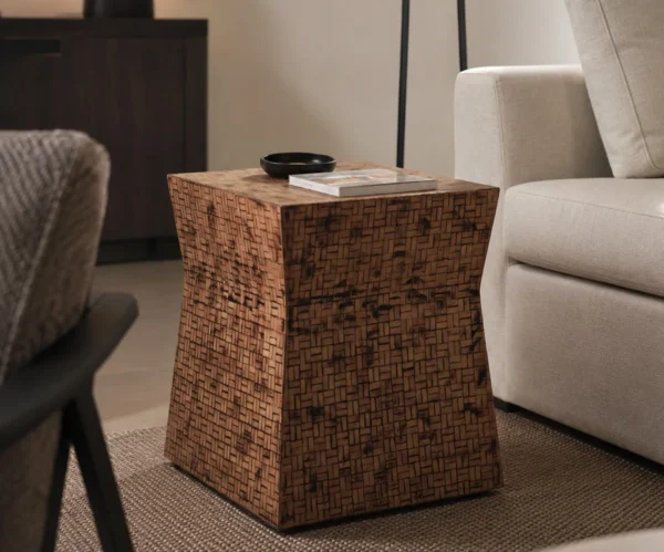 Hand-Woven Bamboo Waisted Cube Side Table in clay — in a room setting