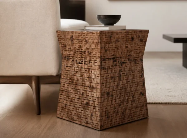 Hand-Woven Bamboo Waisted Cube Side Table in clay — in a room setting
