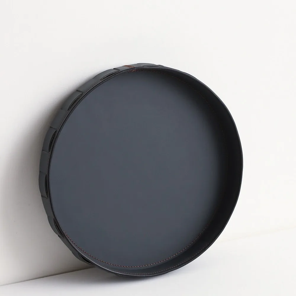 Hand-Woven Leather Round Tray with Metal Base, Grey in slate — front view