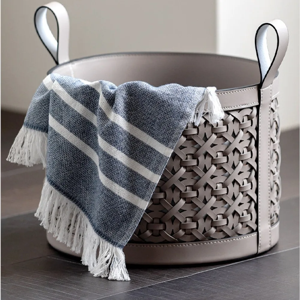 Hand-Woven Leather Storage Basket with Handles in slate — front view