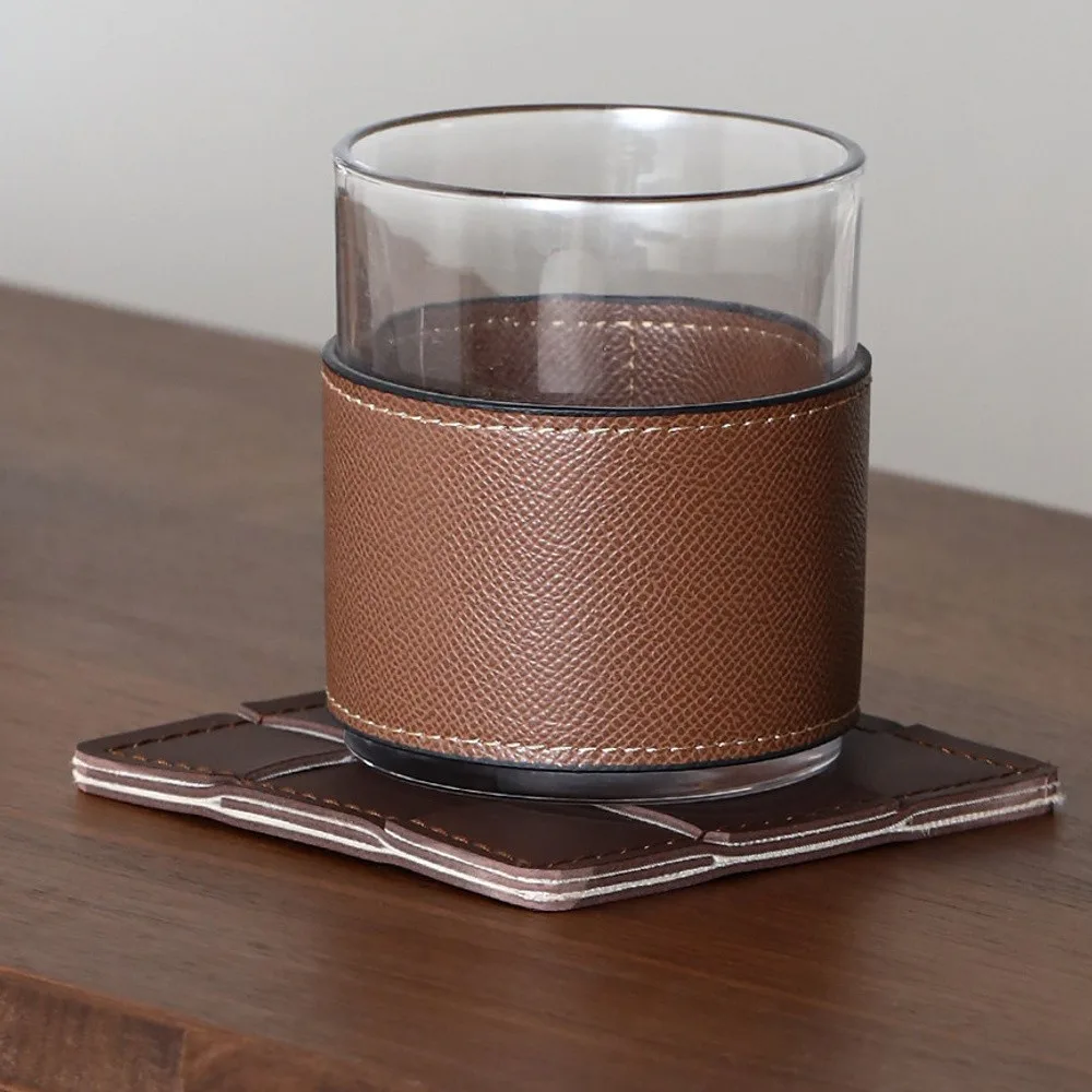 Hand-Woven Leather Placemat and Coaster in clay — front view