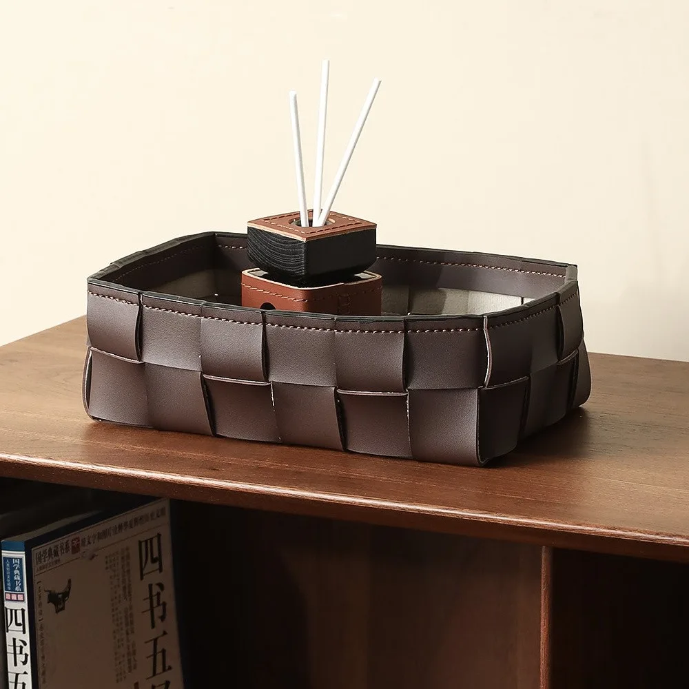 Hand-Woven Brown Leather Storage Tray in clay — front view
