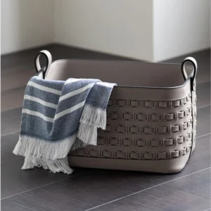 Hand-Woven Taupe Leather Storage Basket with Handles in sand — front view