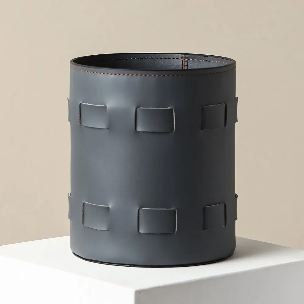 Charcoal Leather Round Storage Bucket with Woven Tabs in slate — front view