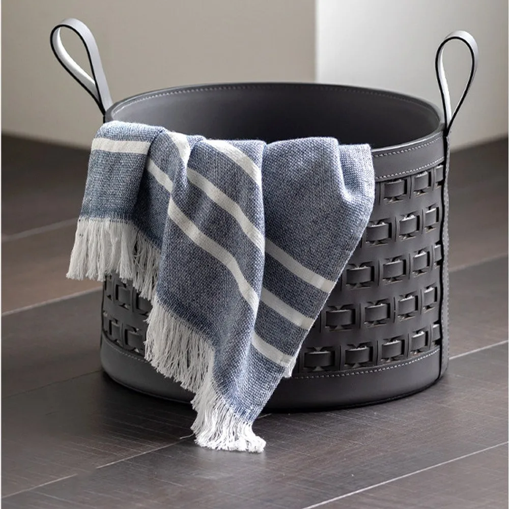 Hand-Woven Black Leather Storage Bucket with Loop Handles in black — front view