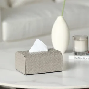 Hand-Woven Grey Leather Tissue Box Cover in slate — front view