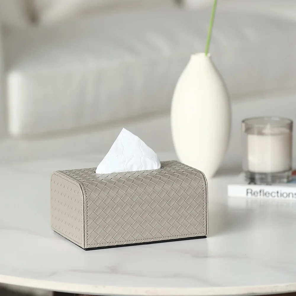 Hand-Woven Grey Leather Tissue Box Cover in slate — front view