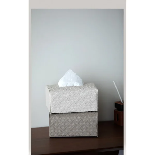 Hand-Woven Grey Leather Tissue Box Cover in slate — in a room setting
