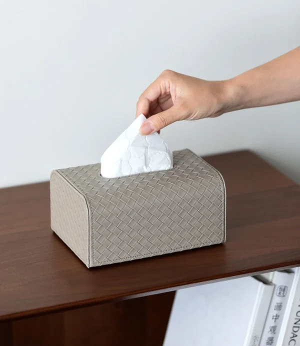 Hand-Woven Grey Leather Tissue Box Cover in slate — in a room setting