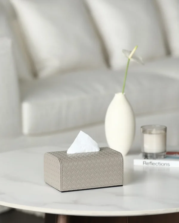 Hand-Woven Grey Leather Tissue Box Cover in slate — in a room setting