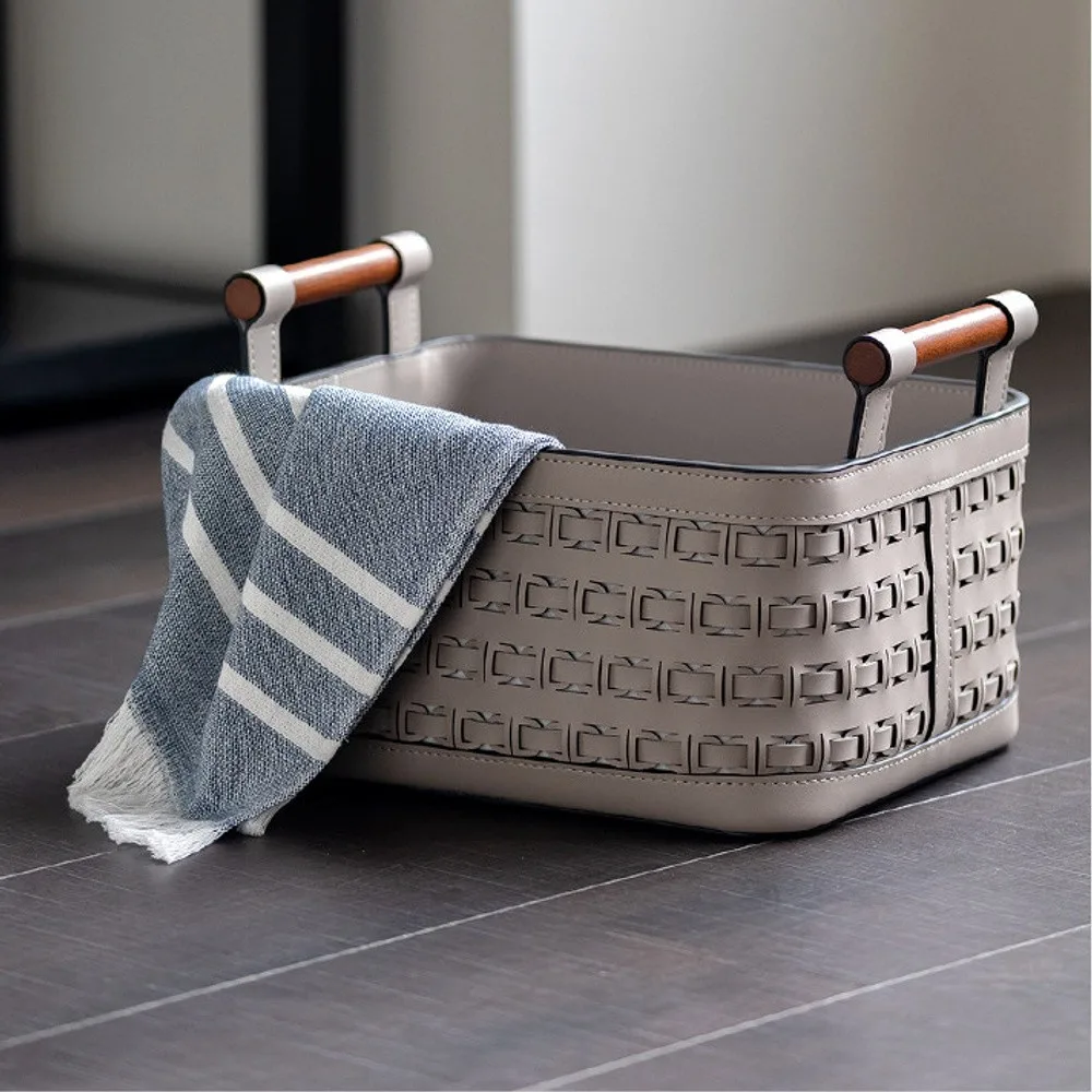 Hand-Woven Leather Storage Basket with Wood Handles in slate — front view