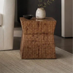Hand-Woven Bamboo Mid-Century Side Table in Mottled Brown — front view