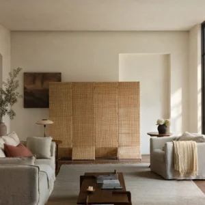 Hand-Woven Rattan Panel Screen in natural oak — front view