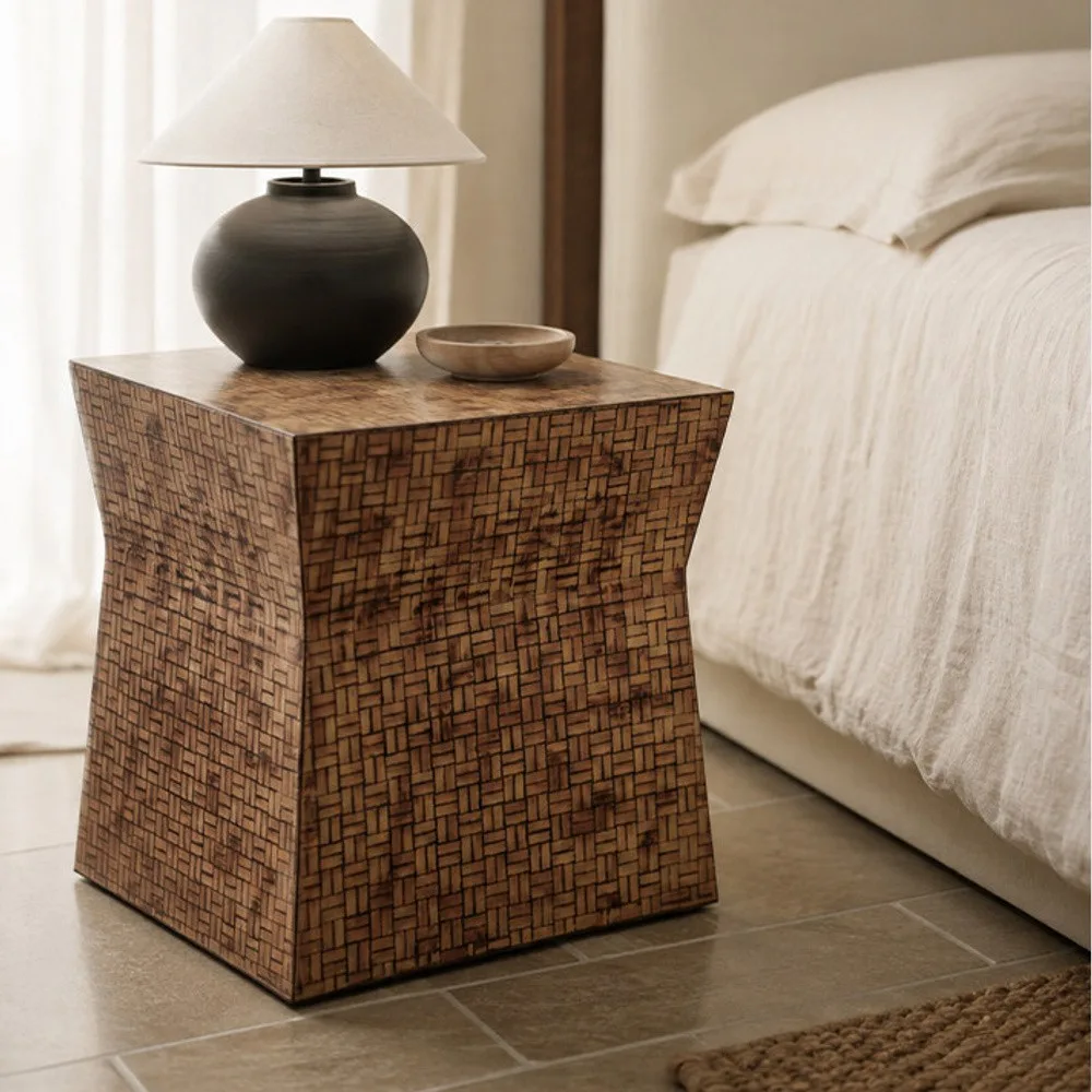 Hand-Woven Bamboo Waisted Side Table for Bedside or Sofa in clay — front view