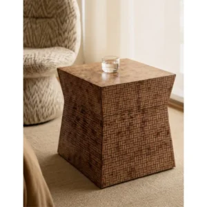 Hand-Woven Bamboo Waisted Side Table for Bedside or Sofa in clay — in a room setting