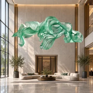 Green Suspended Ribbon Art Installation, 400 x 200 cm in olive — front view
