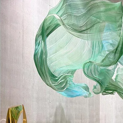 Green Suspended Ribbon Art Installation, 400 x 200 cm in olive — detail