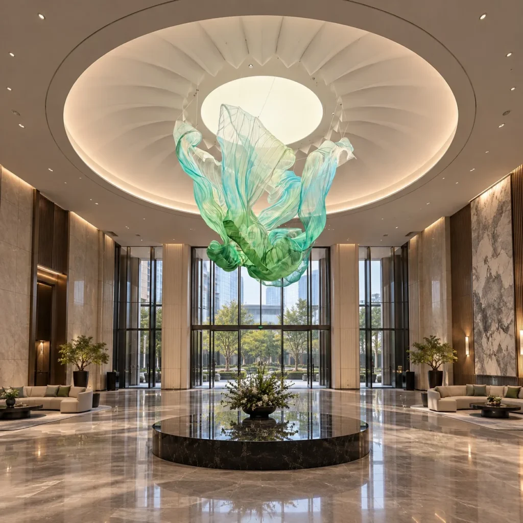 Green and Blue Suspended Flame Art Installation, 300 cm in olive — front view
