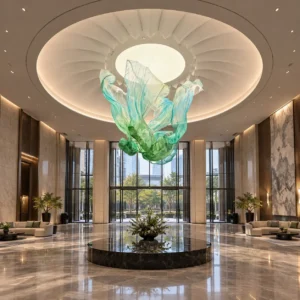 Green and Blue Suspended Flame Art Installation, 300 cm in olive — front view