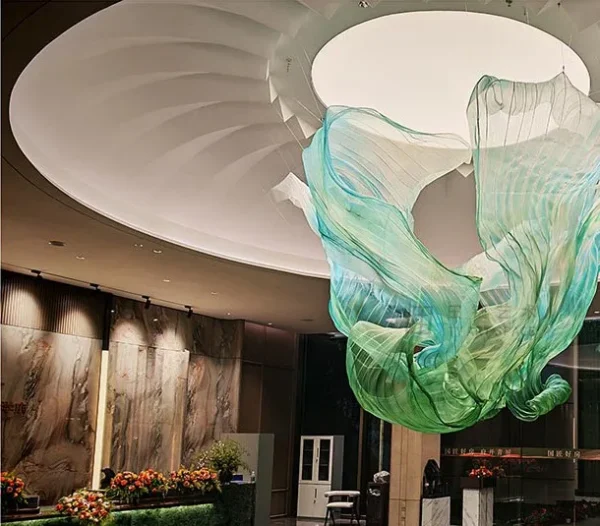 Green and Blue Suspended Flame Art Installation, 300 cm in olive — detail